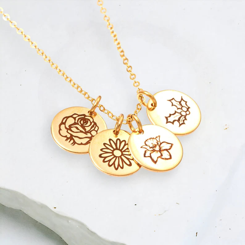 Multi-Strand Necklace-Birth Month Flower Necklace - Medium Disc