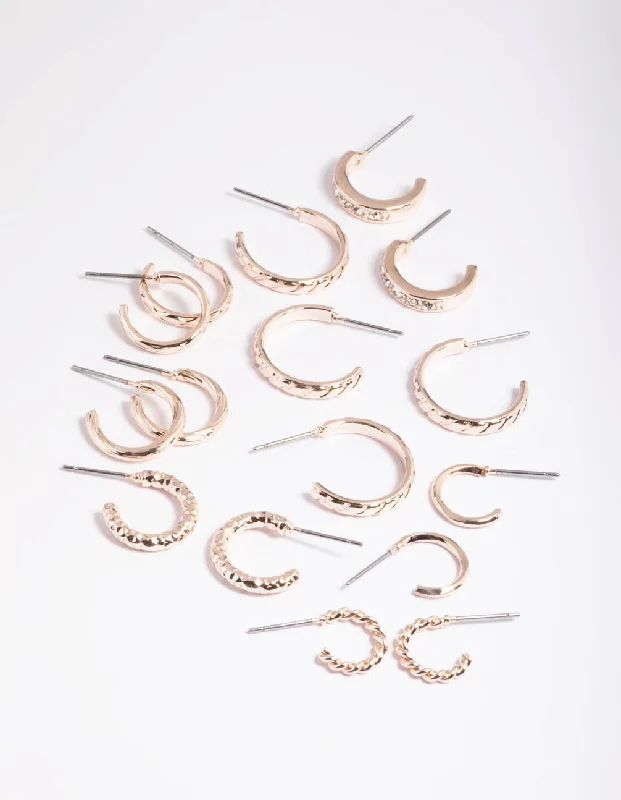 Bold Drop Earrings-Rose Gold Mixed Diamante Hoop Earrings 8-Pack