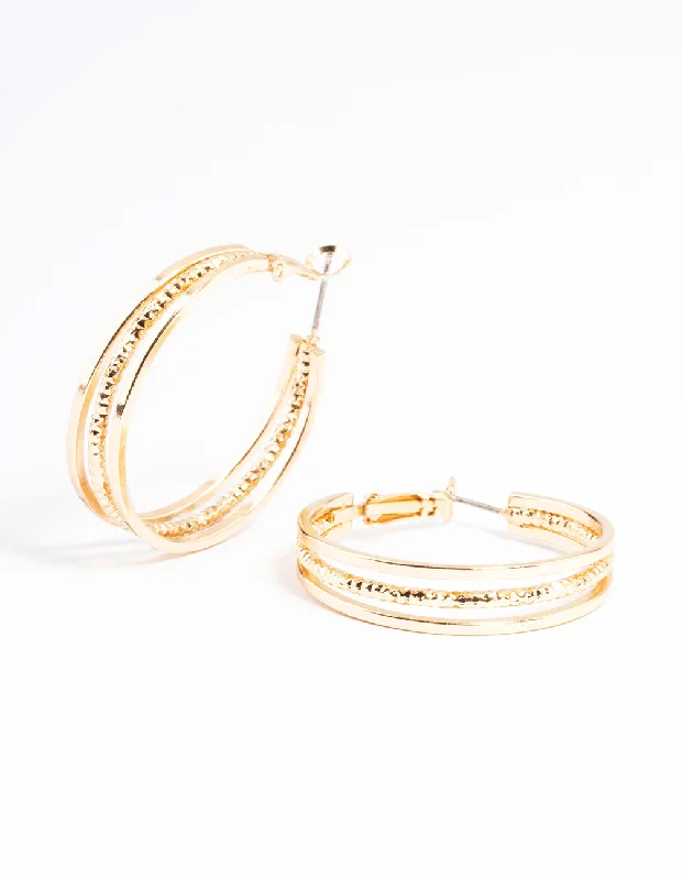 Fashion Drop Earrings-Gold Triple Split Textured Hoop Earrings