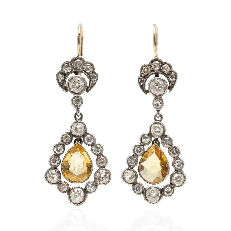 Chic Ear Huggers-Victorian 18kt/Sterling No Heat Ceylon Yellow Sapphire 2.25ctw + Diamond Dangle Earrings 3.5ctw