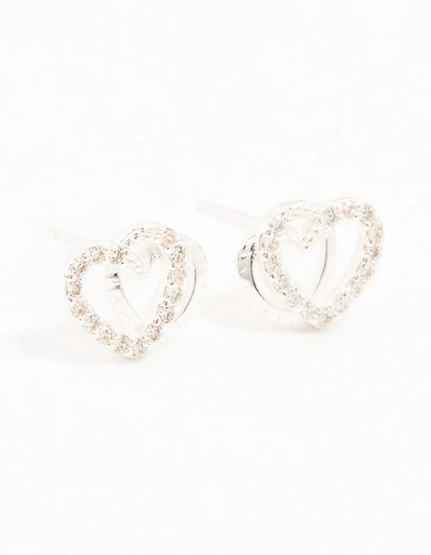 Trendy Ear Hoops-Sterling Silver Cubic Zirconia Heart Link Stud Earrings