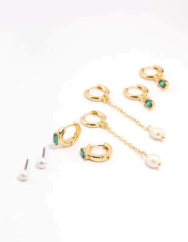 Rose Gold Earrings-Gold Plated Oval Emerald & Freshwater Pearl Earrings 4-Pack