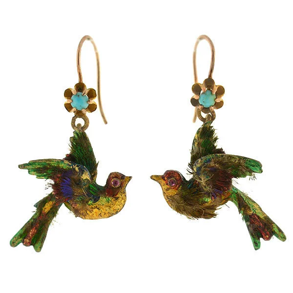 Fun Hoop Earrings-Rare Victorian 15kt Enamel & Genuine Feather Bird Earrings