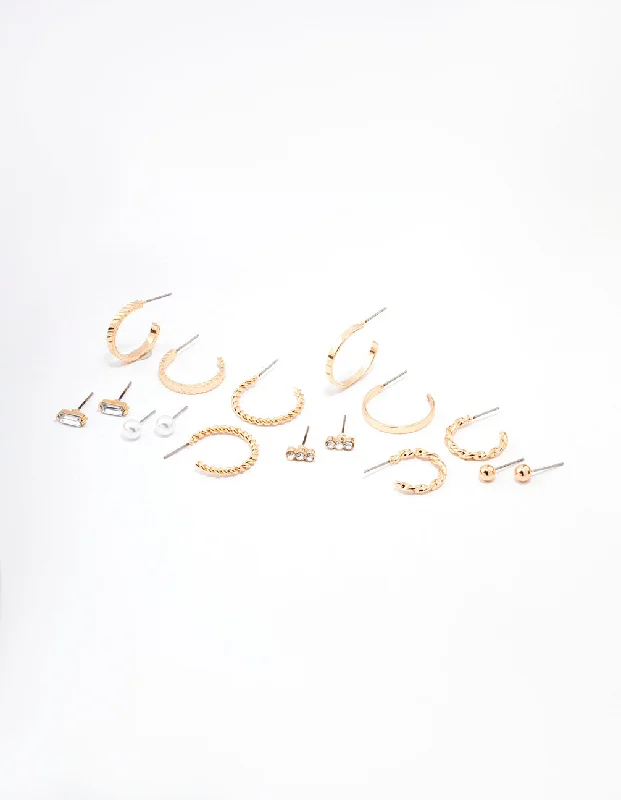 Fashion Drop Earrings-Gold Diamante & Pearl Hoop Earring 8-Pack