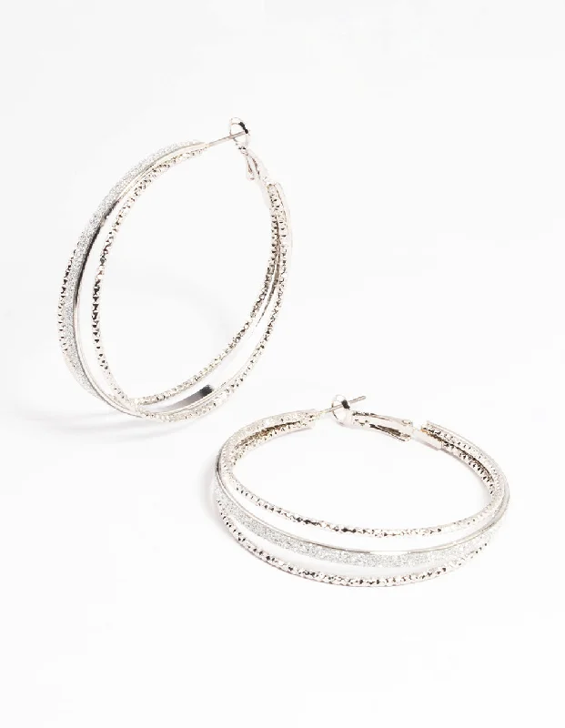 Fashionable Clip-On Earrings-Silver Textured Split Glitter Hoop Earrings