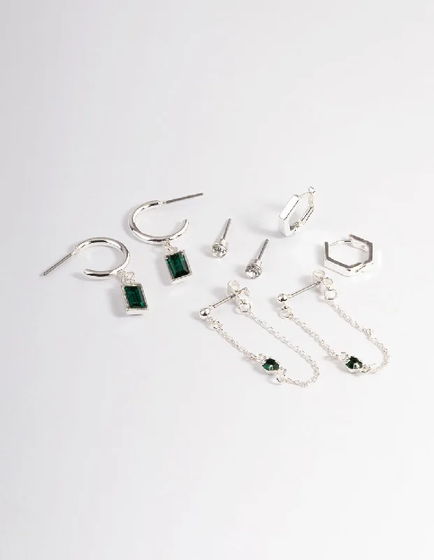 Feather Dangle Earrings-Green Diamante Baguette Earrings 4-Pack