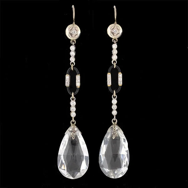 Butterfly Shape Earrings-Art Deco 14kt Rock Quartz Crystal & Diamond Earrings