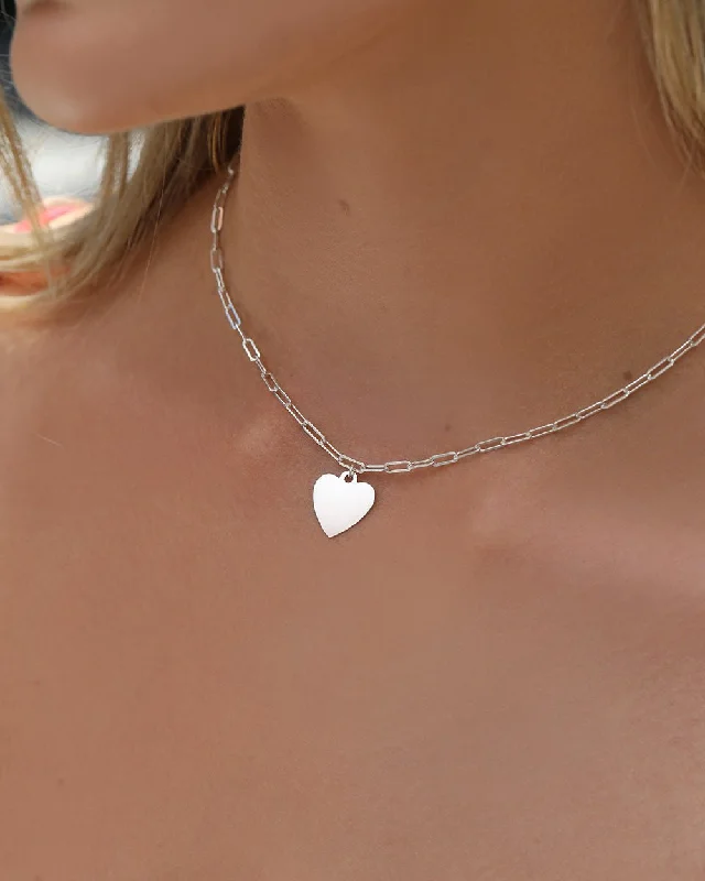 Silver Pendant Necklace-Thick Drawn Cable Chain Heart Necklace  - Sterling Silver