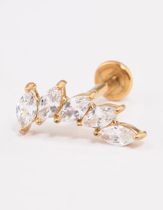 Gold-Plated Earrings-Surgical Steel Cubic Zirconia Leaf Stack Flat Back