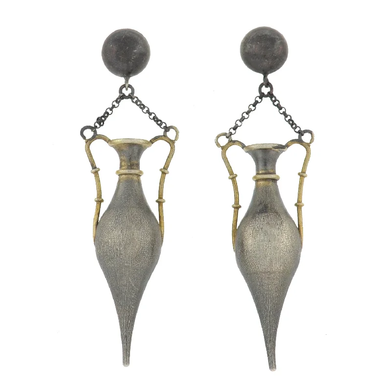 Bold Statement Earrings-Art Deco Long Sterling Silver Gilt Urn Earrings