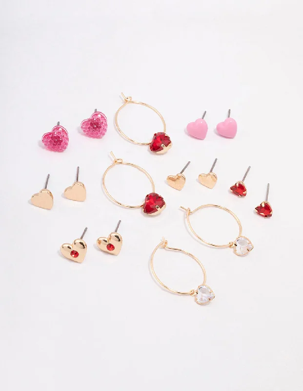 Multi-Layer Earrings-Gold Mixed Heart Earring 8-Pack