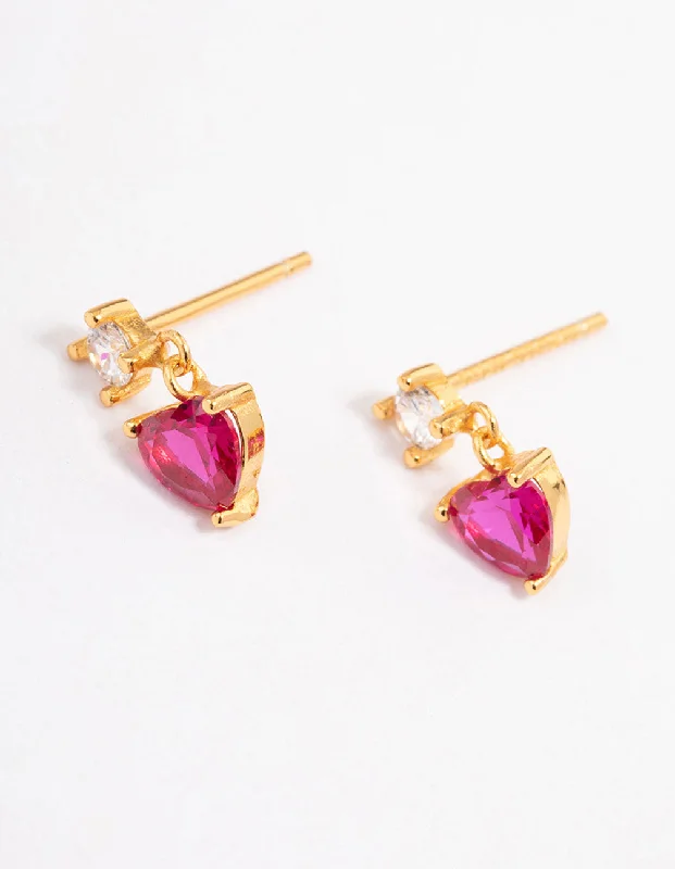 Classic Stud Earrings-Gold Plated Sterling Silver Cubic Zirconia Claw Heart Drop Earrings