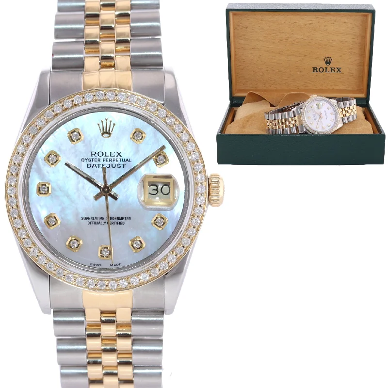 Men's Sports Watch with GPS-DIAMOND Bezel Rolex DateJust 36mm 16013 MOP Dial Two Tone 18k Gold Watch Box