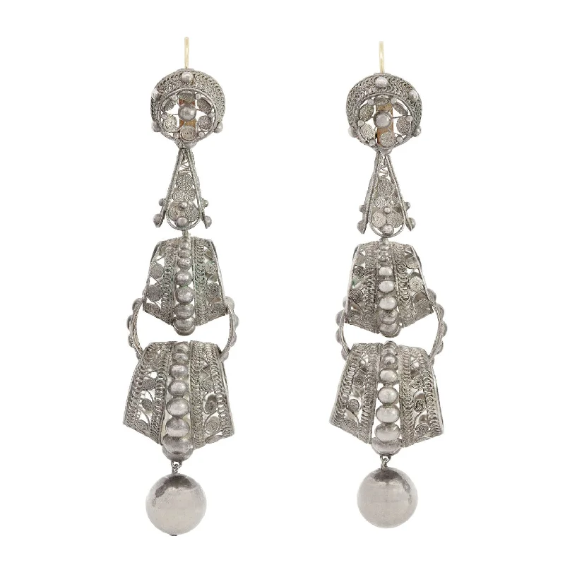 Trendy Ear Hoops-Victorian Silver Italian Cannetille Filigree Wirework Day/Night Earrings