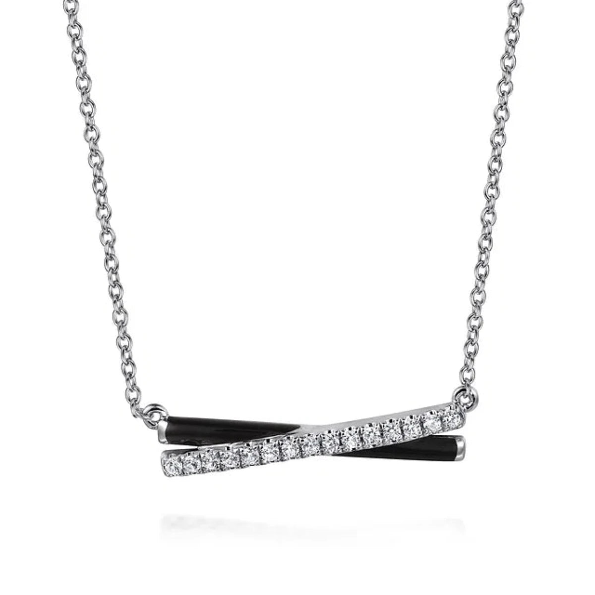 Bohemian Style Necklace-SS 0.18ctw White Sapphire and Black Enamel Criss Cross Bar Necklace