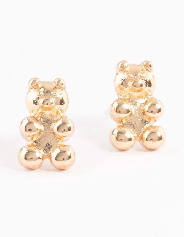 Antique Silver Earrings-Gold Teddy Bear Stud Earrings