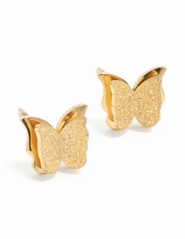 Metal Statement Earrings-Waterproof Gold Plated Stainless Steel Butterfly Stud Earrings