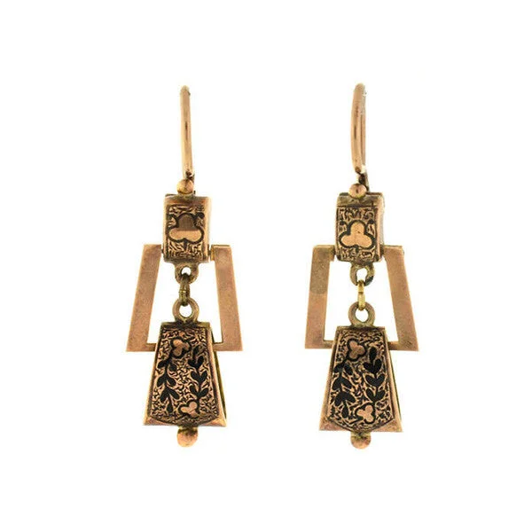 Dangling Gold Earrings-Victorian 14kt Hanging Tracery Enamel Earrings