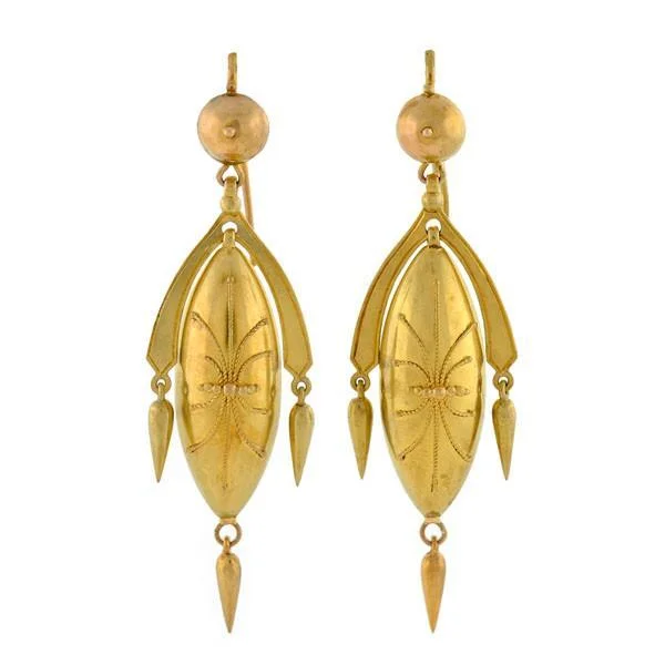 Geometric Hoop Earrings-Victorian 14kt Yellow Gold Etruscan Drop Earrings