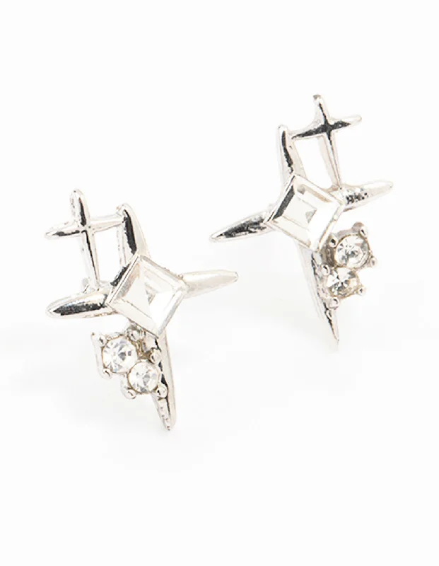 Stud Earrings for Women-Silver Diamante Star Cluster Stud Earrings