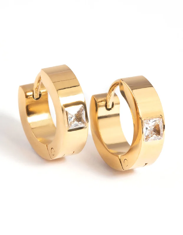 Wedding Earrings-Waterproof Gold Plated Stainless Steel Cubic Zirconia Huggie Hoop Earrings