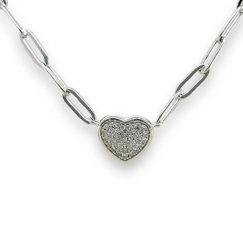 Silver Chain Necklace-SS CZ Heart Paperclip Necklace