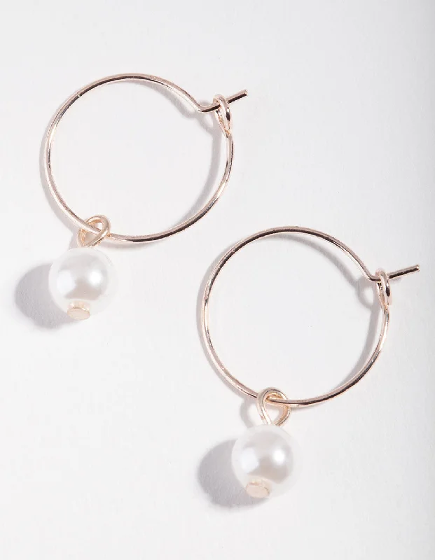 Colored Gemstone Earrings-Rose Gold Mini Fine Pearl Hoop Earrings