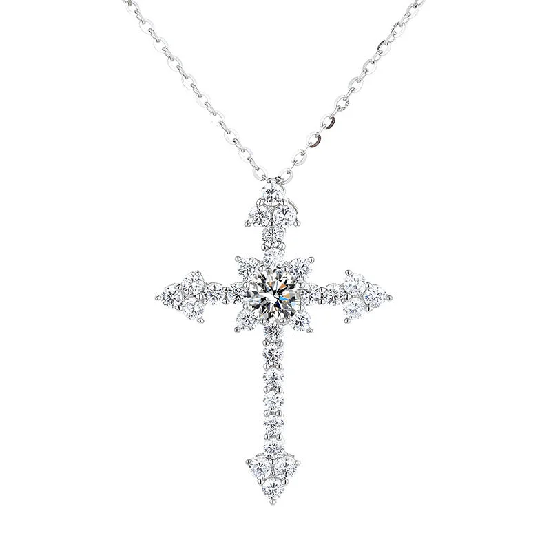 Dainty Crystal Necklace-1 Carat Cross Pendant Moissanite Necklace in 925 Sterling Silver