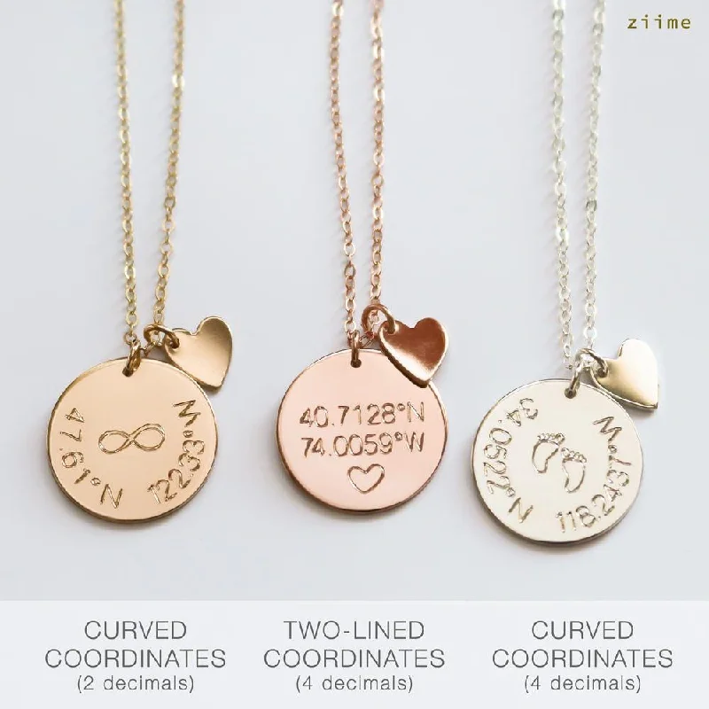 Luxury Gemstone Necklace-Coordinates Disc Necklace, Coordinates Disk Necklace, Latitude & Longitude, Custom Location GPS, Unisex, Gold Filled, Silver SN0022