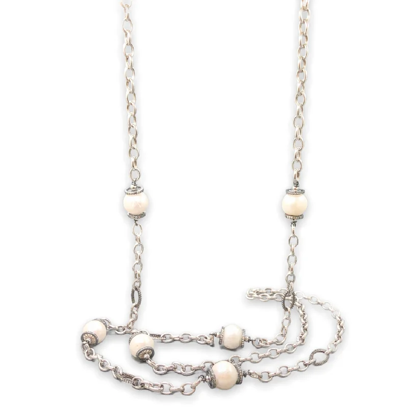 Long Silver Necklace-SS Freshwater Pearl & CZ 46” Necklace