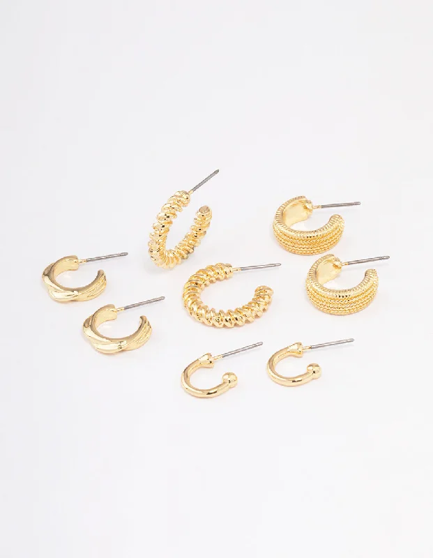 Fashion Pearl Earrings-Gold Plated Textured Chunky Hoop Earrings 4-Pack