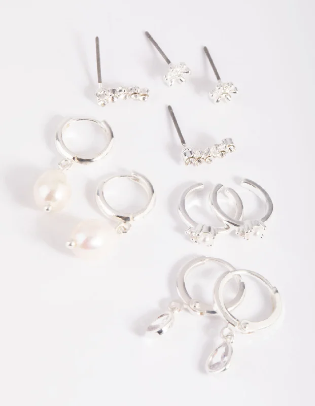 Casual Hoop Earrings-Silver Diamante & Freshwater Pearl Huggie Hoop Earrings