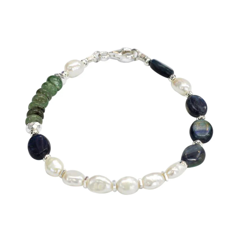 Simple Gemstone Bangle-Sterling Silver Pearl Multi-Stone Bracelet