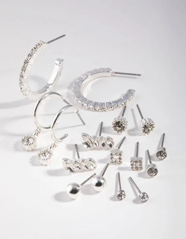 Embellished Earrings-Silver Plain Diamante Stud Earring 8-Pack