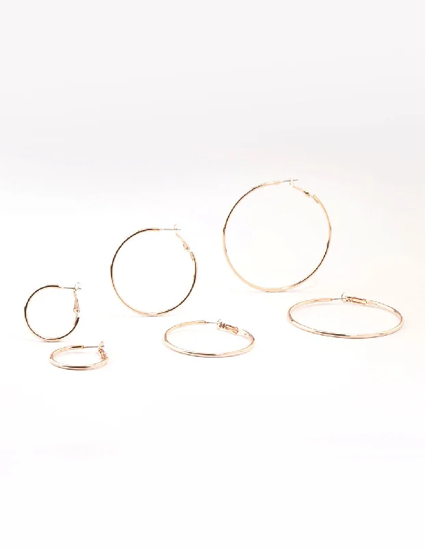 Bold Gold Earrings-Rose Gold Plated Plain Hoop Earrings 3-Pack