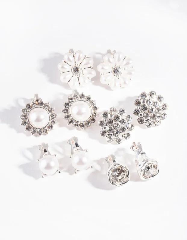 Fashion Hoop Earrings-Silver Pearl Flower Clip-On Earring 5-Pack