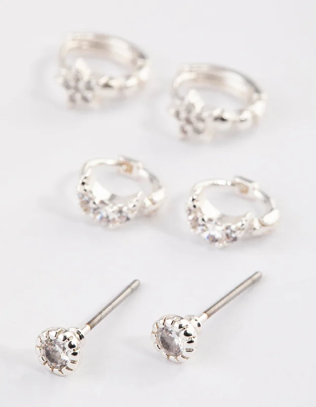 Tiny Stud Earrings-Silver Celestial Diamante Stud Earrings Pack