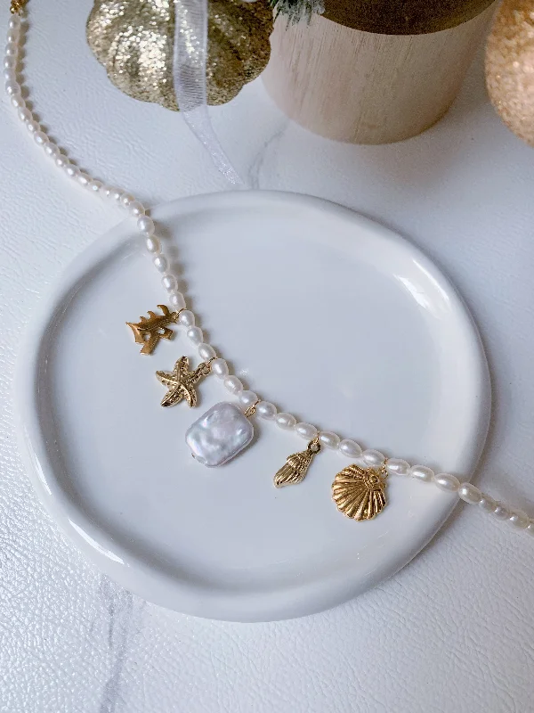 Long Bead Necklace-Pearl Charm Necklace