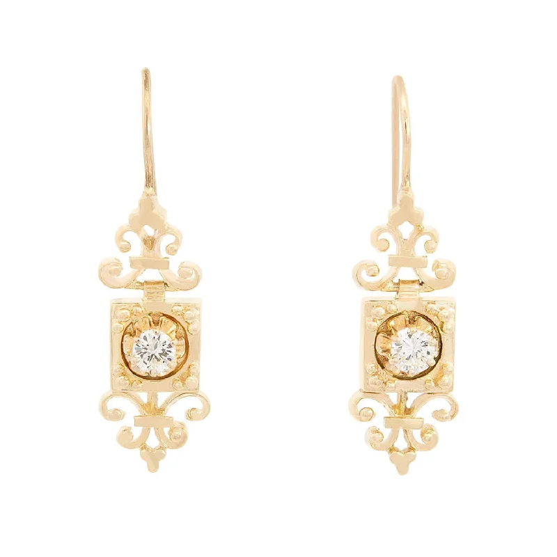 Rhinestone Earrings-Victorian Revival 14k Etruscan Diamond Earrings