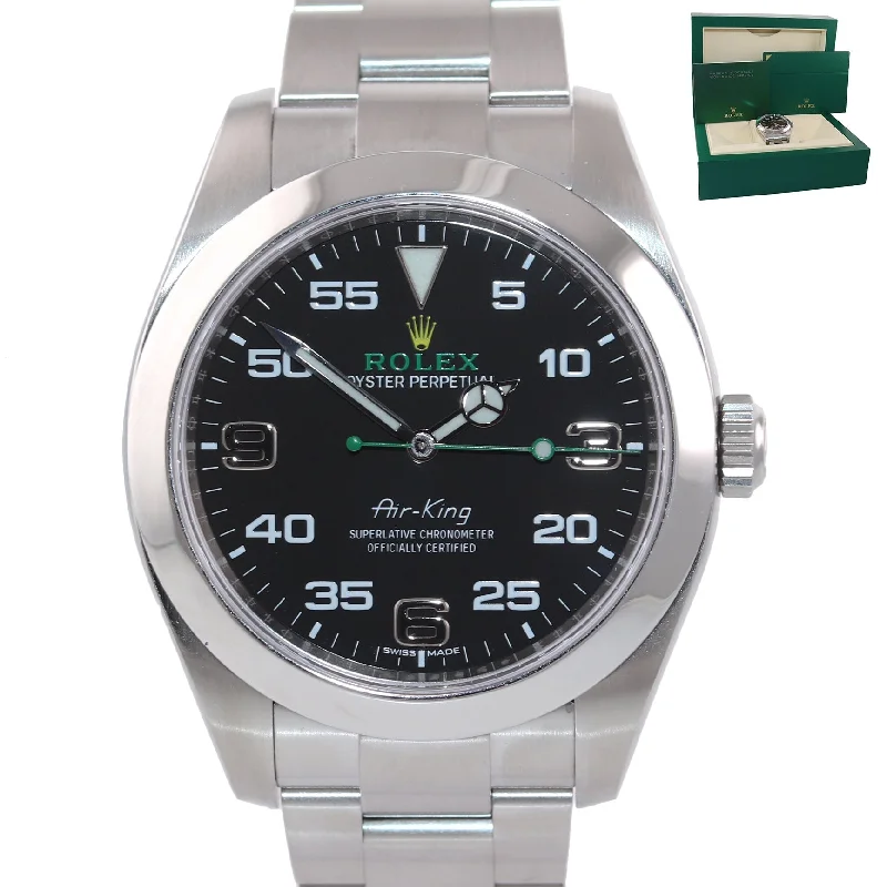 Custom Women's Smart Watch-2021 Rolex Air King 116900 Black Arabic Dial 40mm Steel Green Watch Box