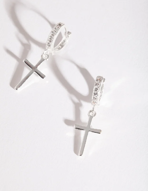 Crystal Hoop Earrings-Silver Cross Huggie Earrings