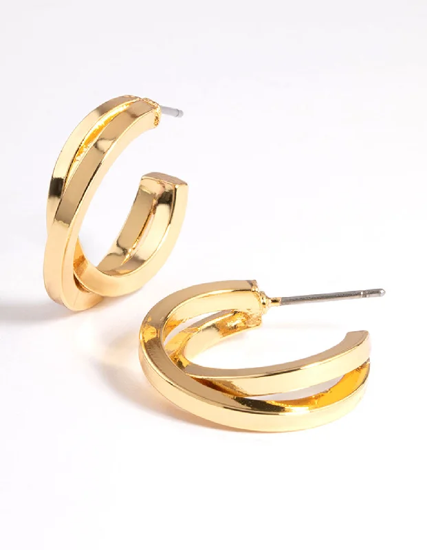 Unique Silver Hoop Earrings-Gold Plated Square Crossover Double Hoop Earrings