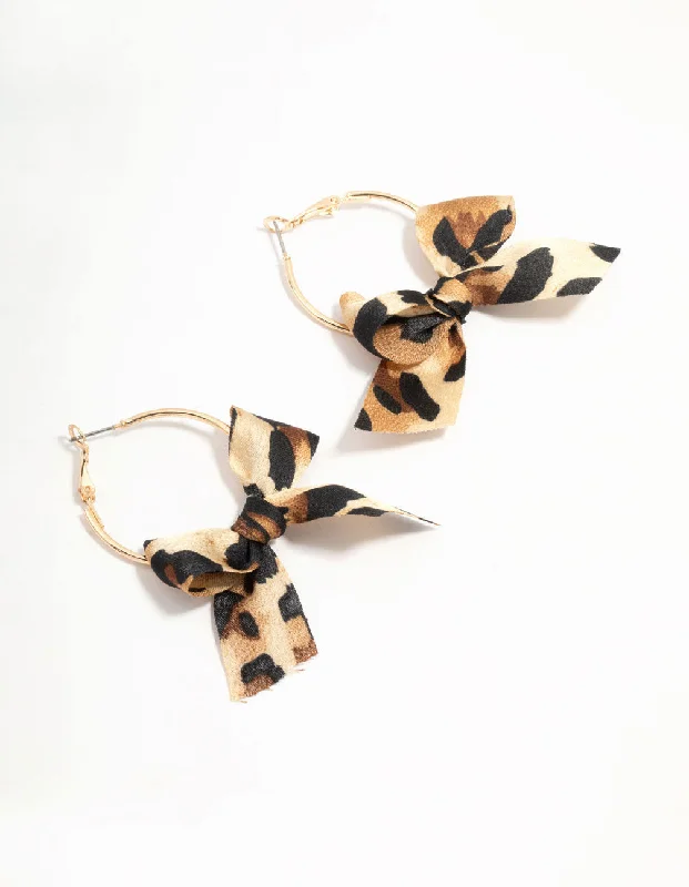 Silver Ear Cuffs-Cheetah Bow Fabric Hoop Earrings