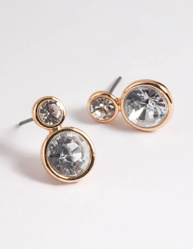 Crystal Stud Earrings-Gold Diamante Round Stud Earrings