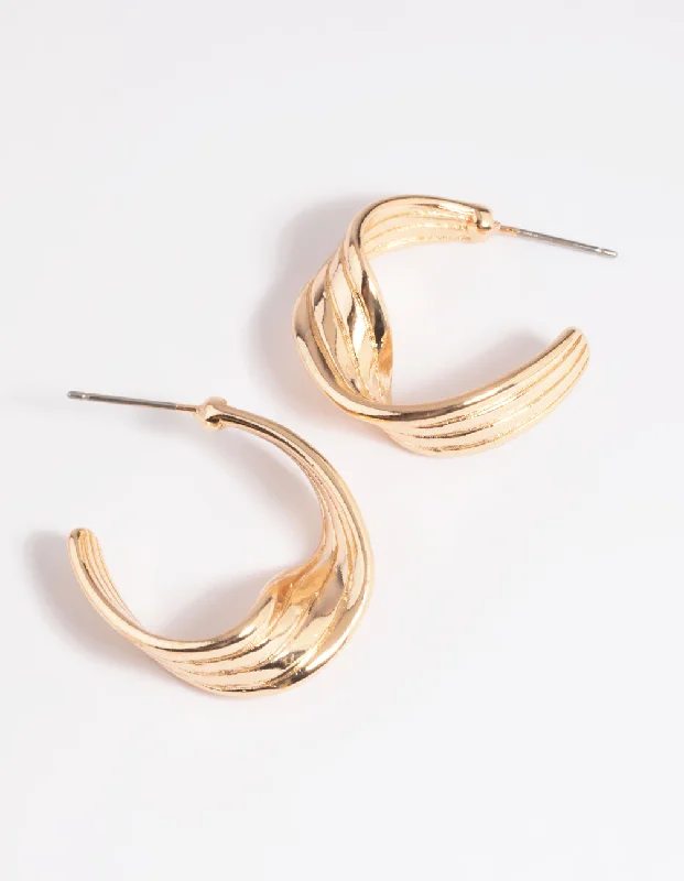 Handmade Silver Earrings-Gold Warped Text Hoop Earrings