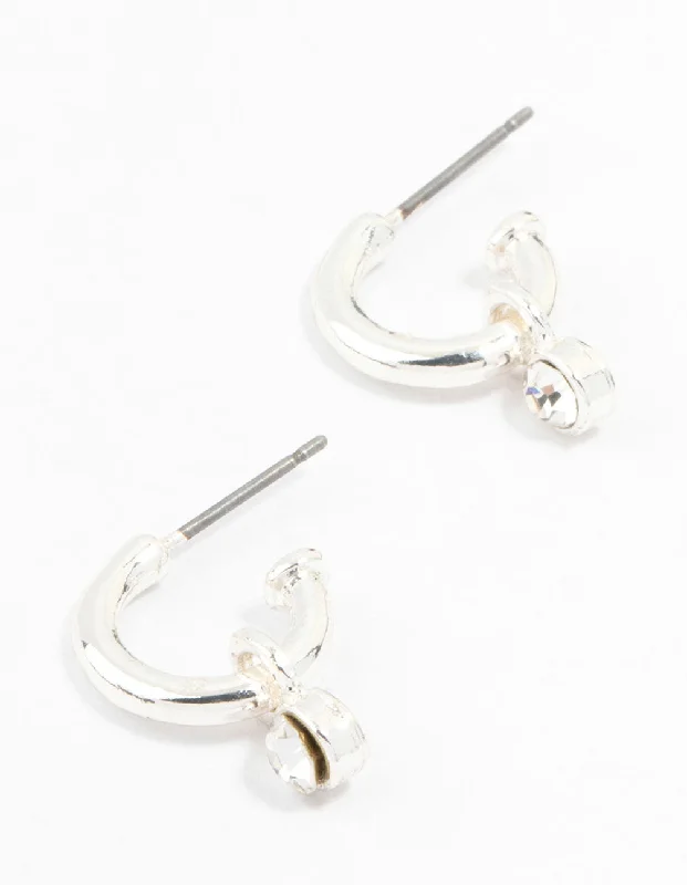 Silver Ear Cuffs-Simple Silver Diamante Huggie Charm Earrings