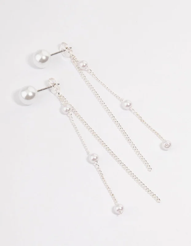 Silver Circle Earrings-Silver Pearl Cupchain Sandwich Drop Earrings