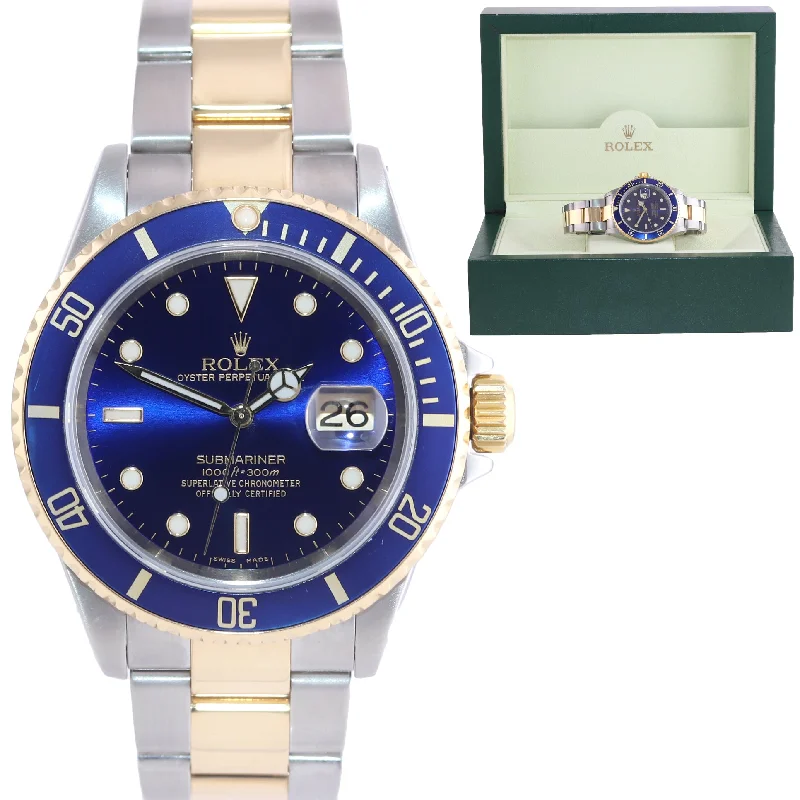 Men's Smart Watch with Fitness Tracker-Rolex Submariner 16613 Two Tone Gold Blue 40mm Watch Box Gold Buckle