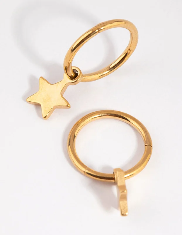 Long Dangle Hoop Earrings-Gold Plated Surgical Steel Star Sleeper Earrings