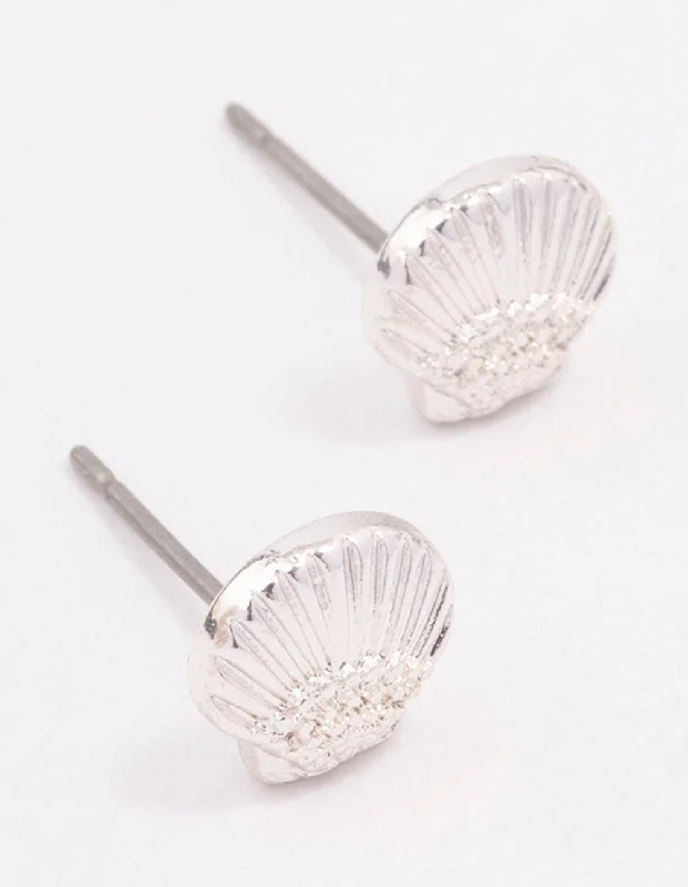 Handmade Boho Earrings-Silver Clam Shell Stud Earrings